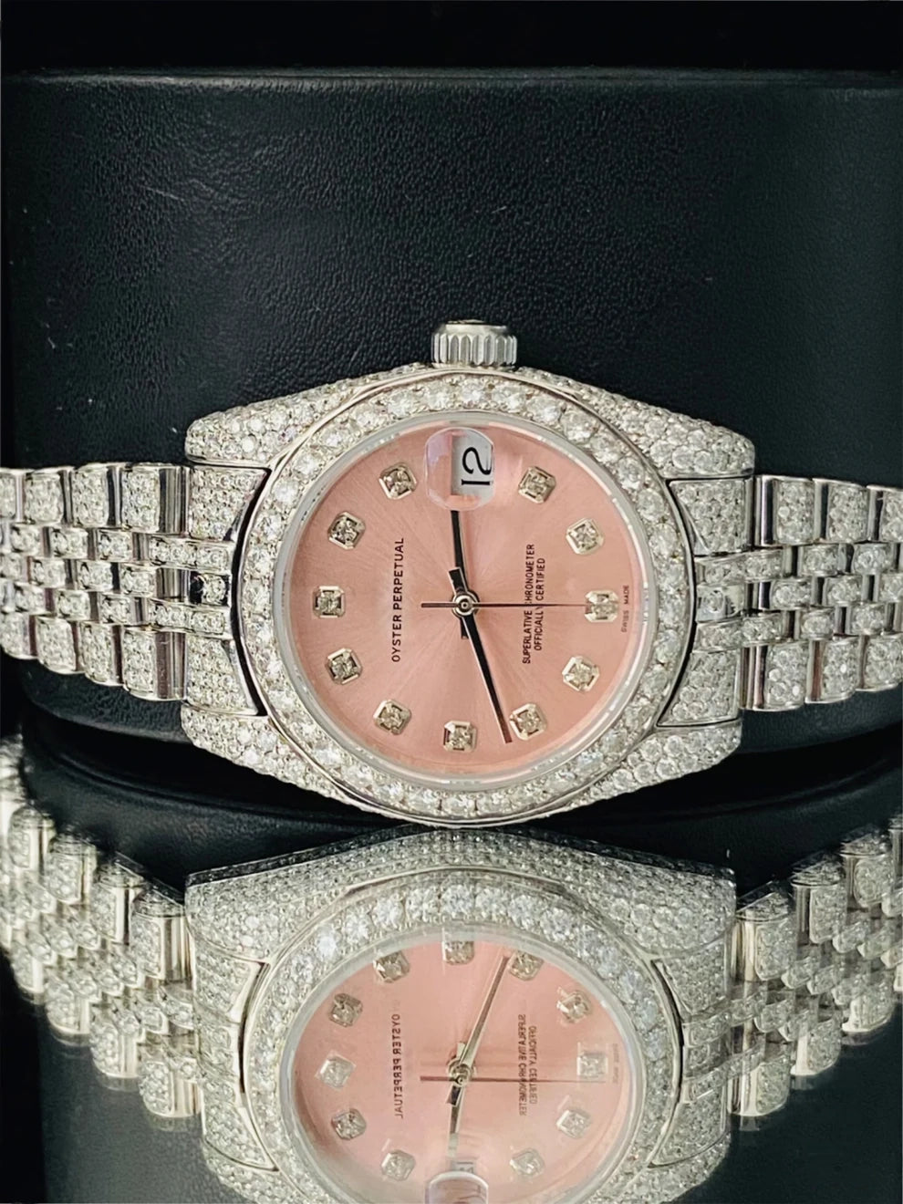 31MM Fully White Iced Out Pink Dial Moissanite Watch For Women