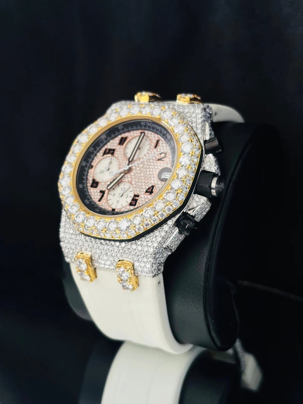 Pink & White Two Tone Multi Chrono Moissanite Watch