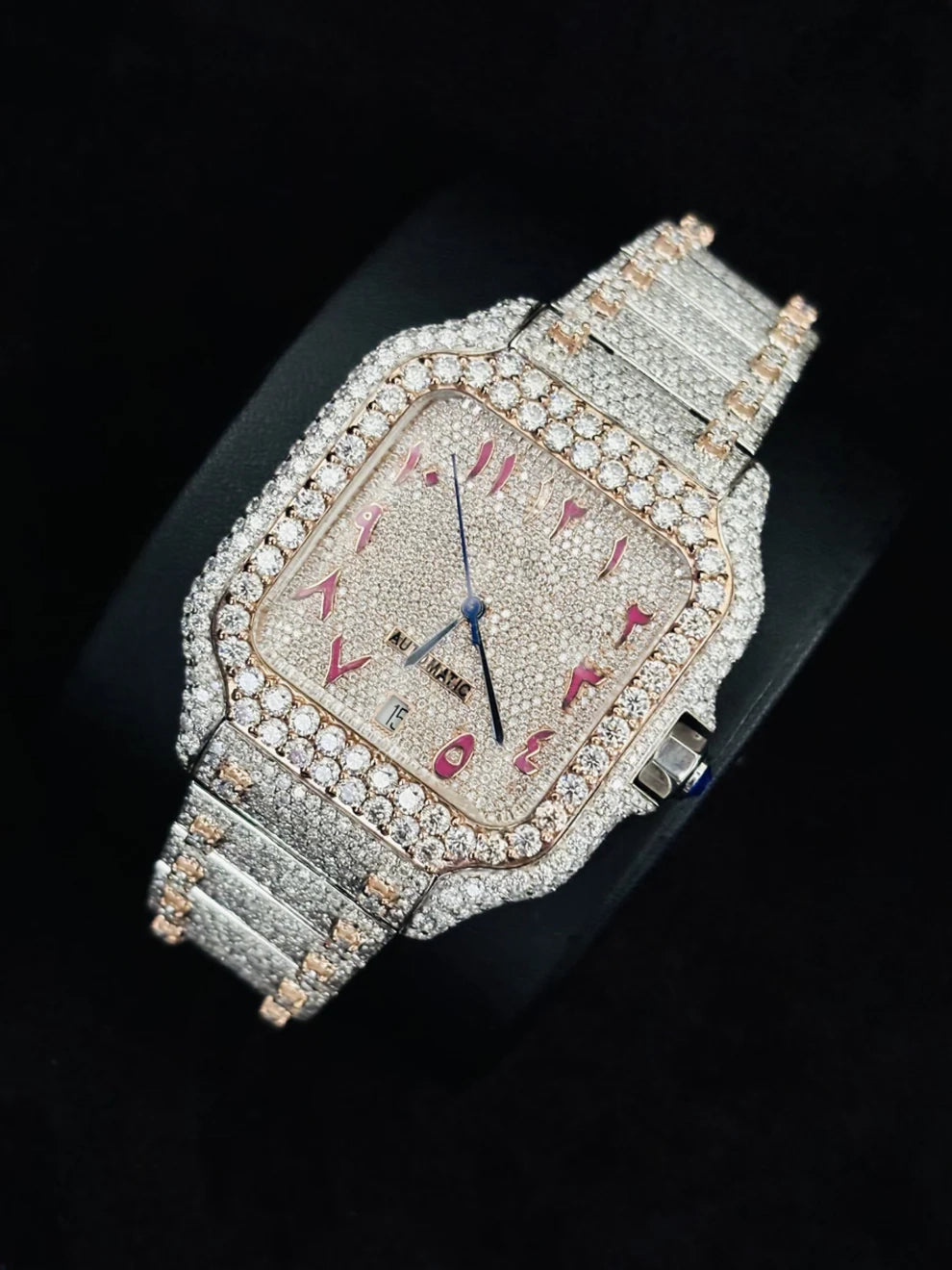 Rose Gold Plated Fully Studded Moissanite Watch For Men