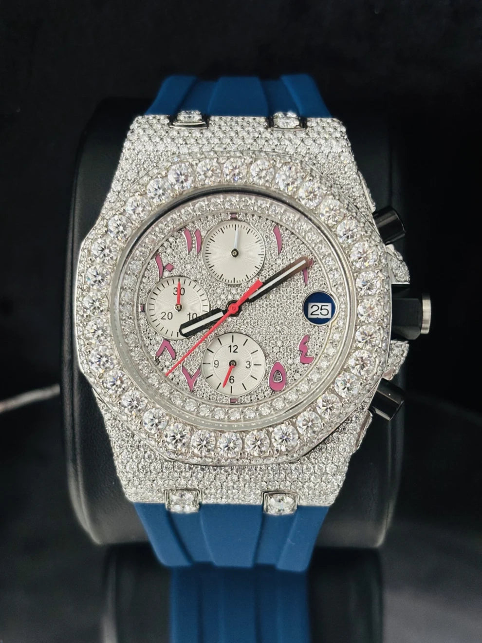 Blue Silicon Strap Fully Face Dial Moissanite Diamond Watch