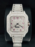 Fully iced out luxury square watch featuring pink Arabic numerals on a diamond dial