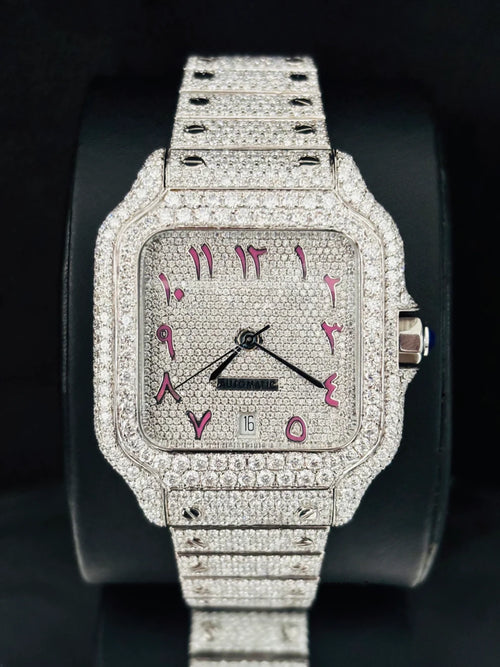 Fully iced out luxury square watch featuring pink Arabic numerals on a diamond dial