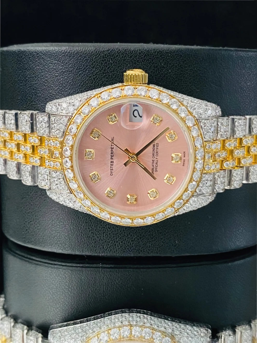 Women's 31MM Two Tone Iced Out Pink Dial Moissanite Watch