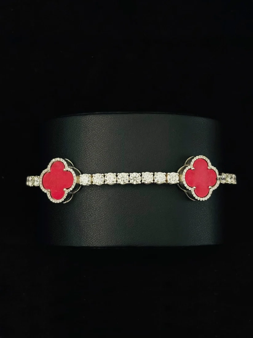925 Sterling Silver Red Clover Moissanite Tennis Bracelet on Black Display