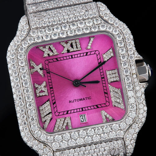 41MM Pink Dial Studded Moissanite Roman Number Watch