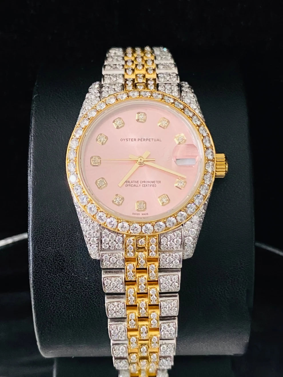 Women's 31MM Two Tone Iced Out Pink Dial Moissanite Watch