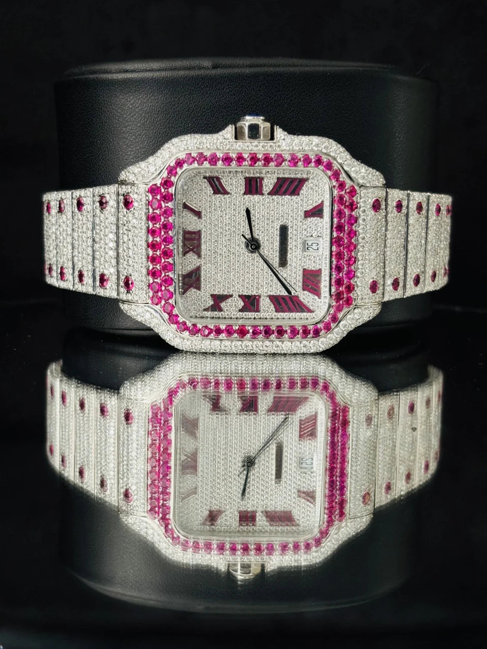 Roman Number Pink Diamond Moissanite Rappers Watch