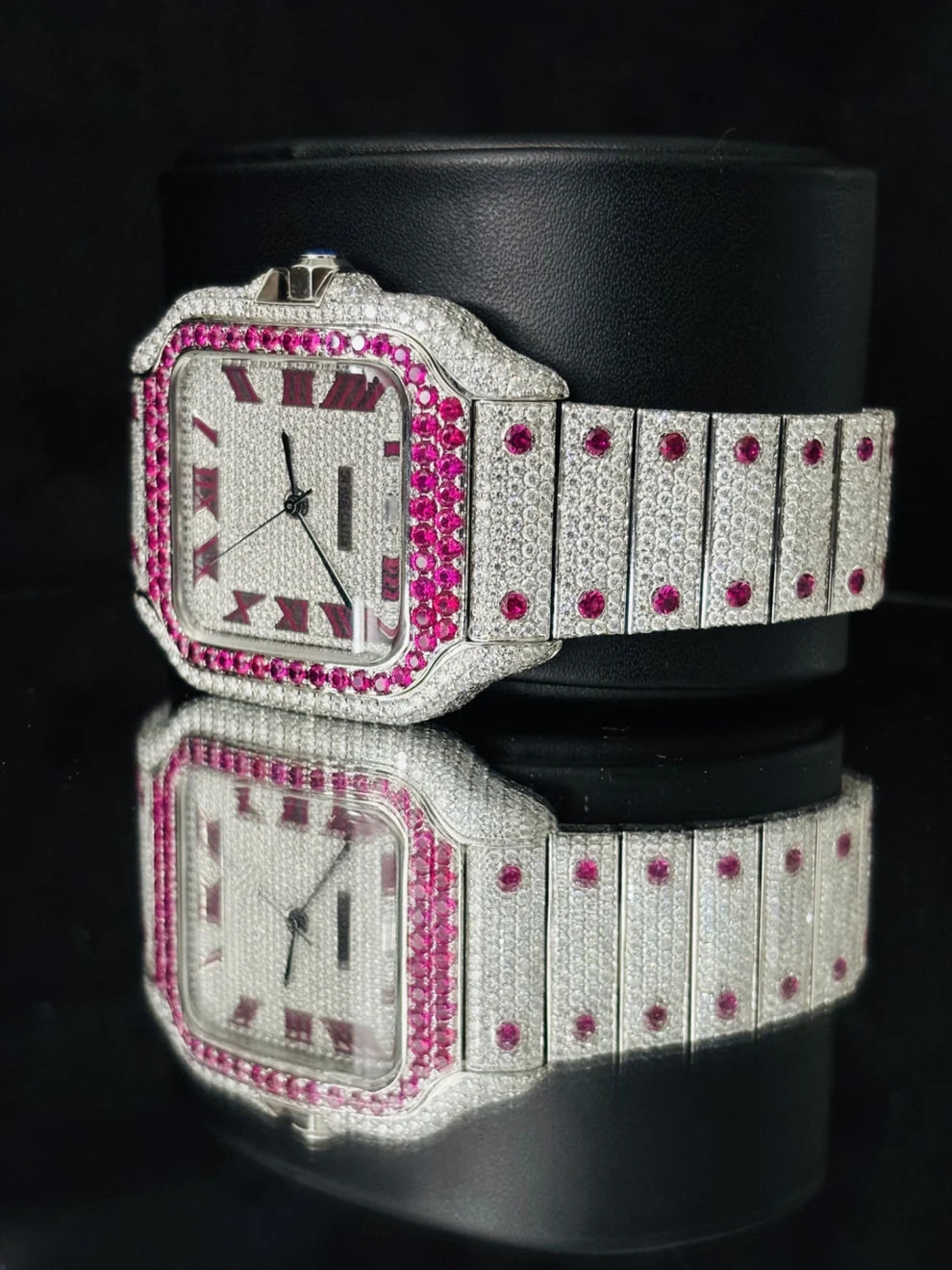 Roman Number Pink Diamond Moissanite Rappers Watch