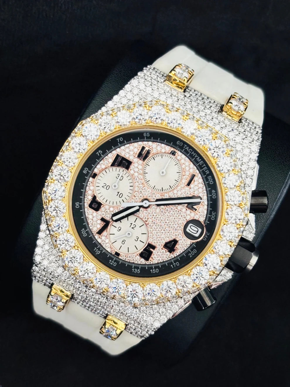 Pink & White Two Tone Multi Chrono Moissanite Watch