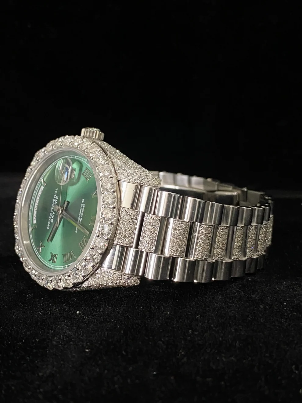 Elegant Olive Green Dial Presidential Strap Moissanite Watch