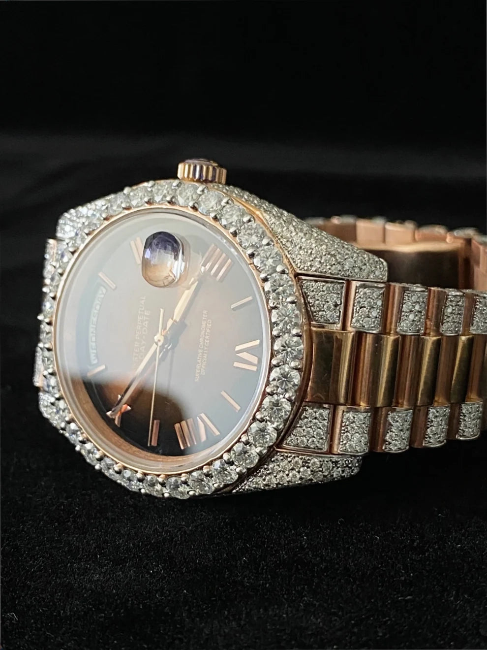Chocolate Dial Roman Number Diamond Moissanite Watch