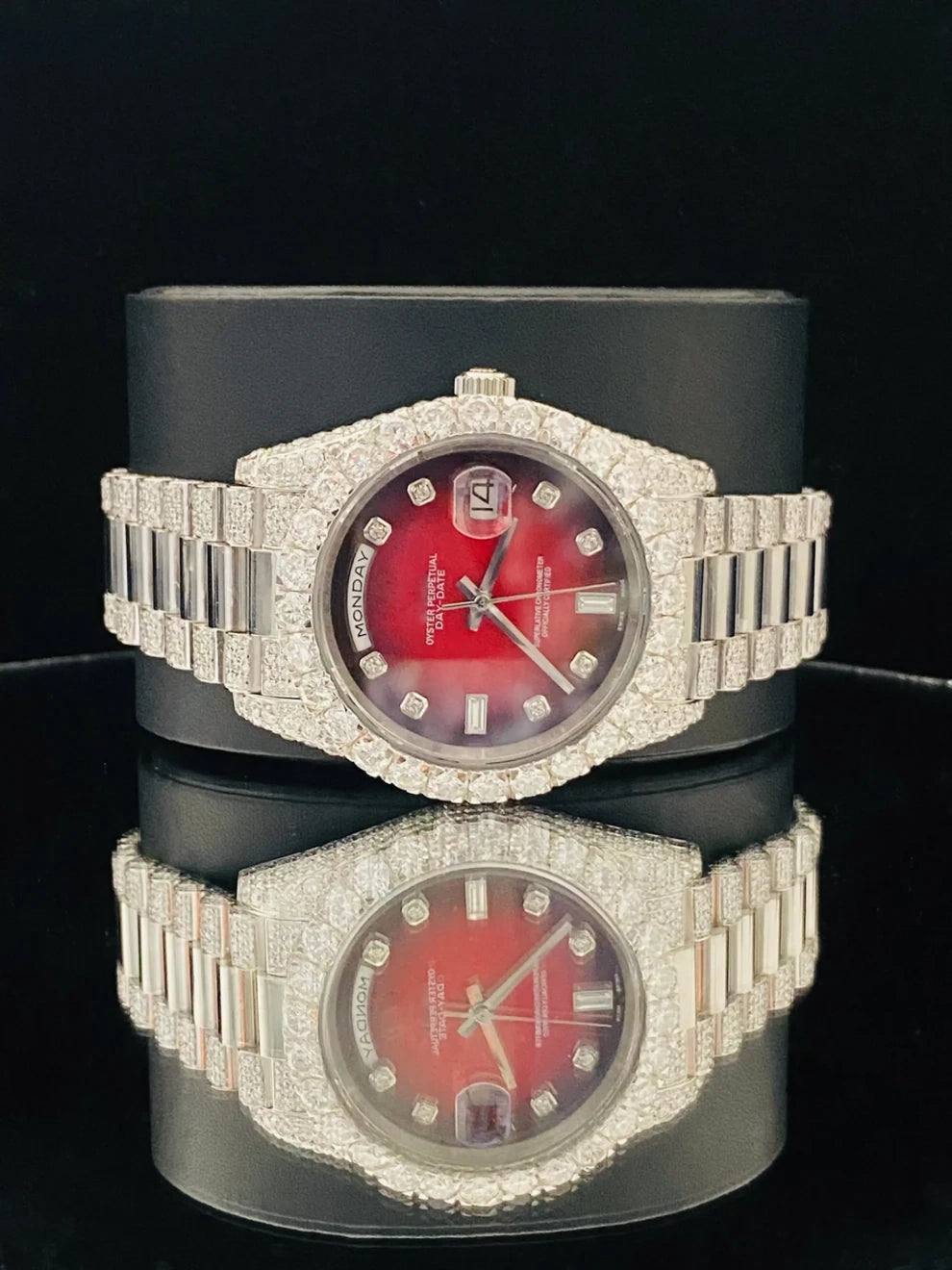 Elegant Red Black Dial Iced Out Moissanite Watch For Men