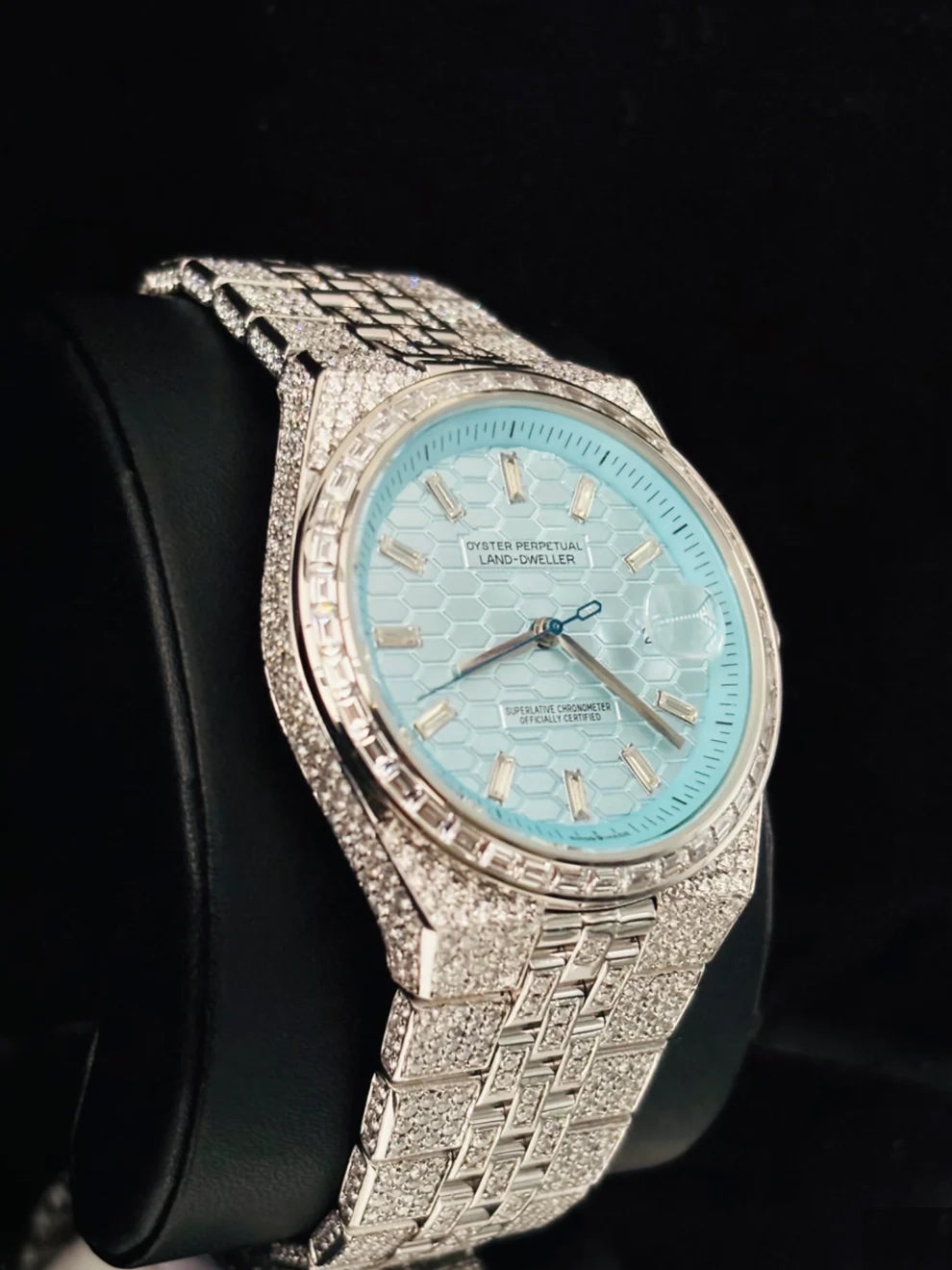 Sky Blue Dial Fully Ice Baguette Bar Moissanite Watch