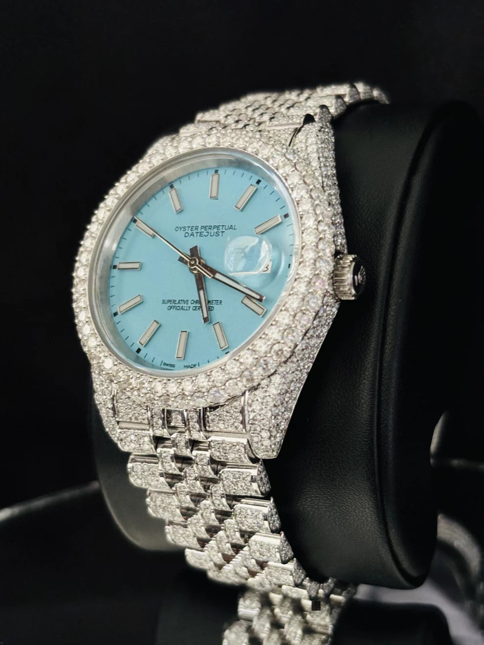 Luxury Men's Stainless Steel Sky Blue Dial Iced Out Watch