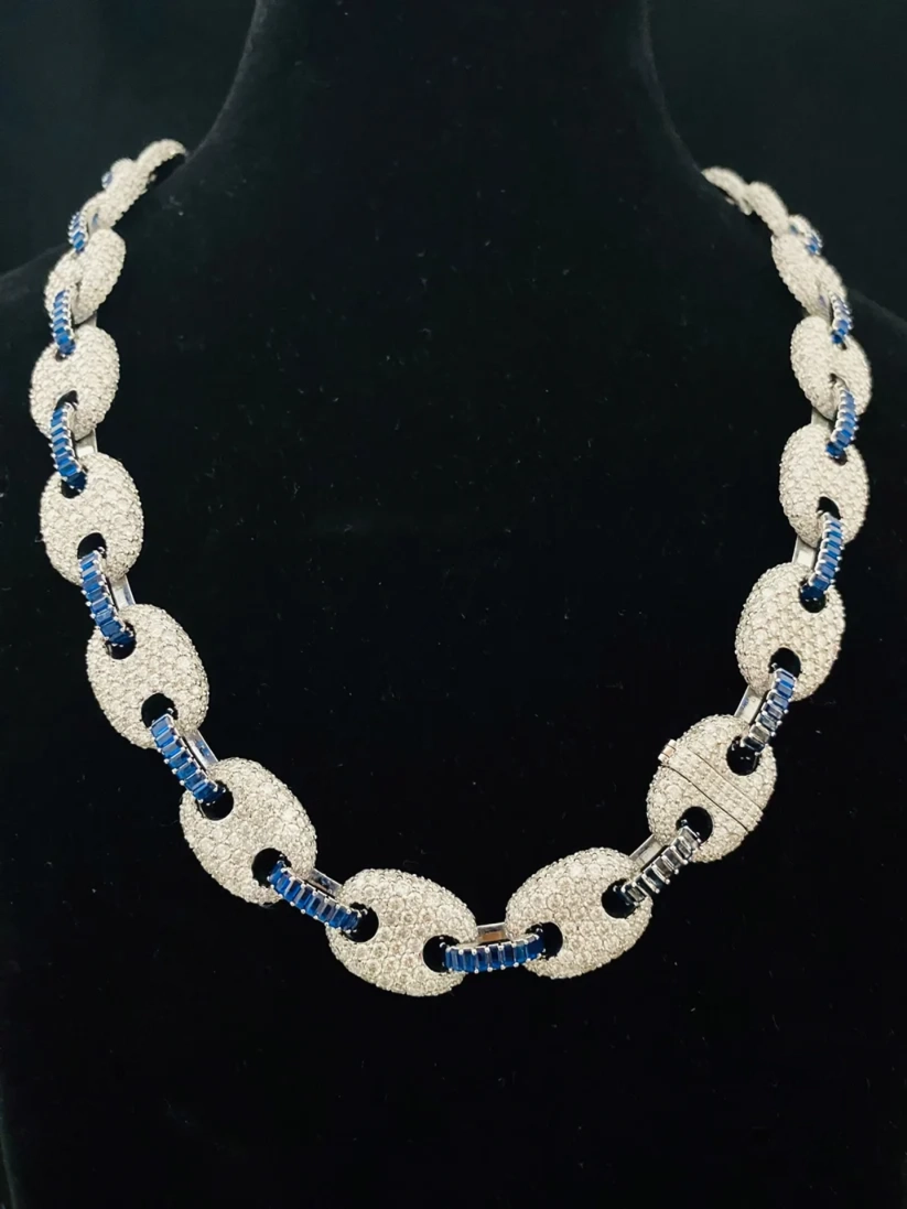 Luxury diamond puff Gucci link chain necklace accented with blue stones