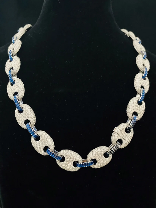 Luxury diamond puff Gucci link chain necklace accented with blue stones