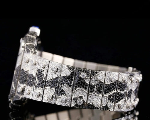 Custom diamond Cartier Santos skeleton watch with black diamond camo