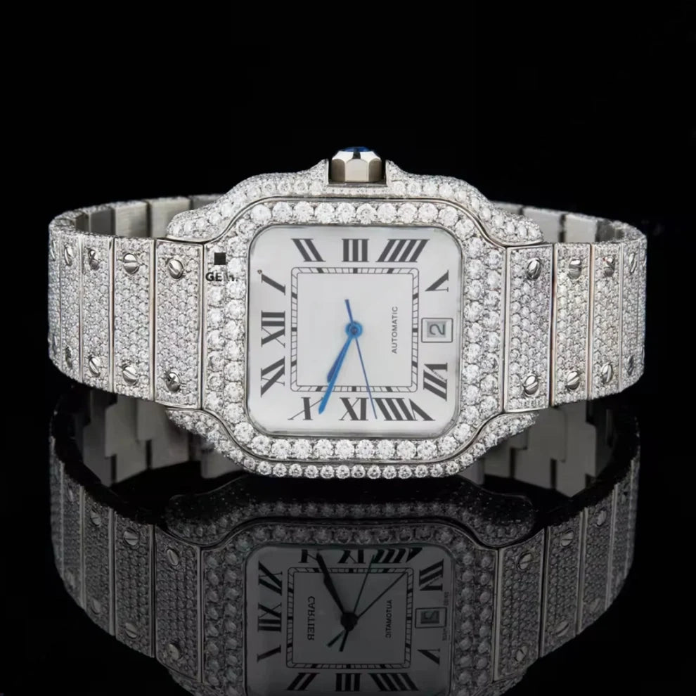 White Plain Dial Hip Hop Moissanite Diamond Stud Watch