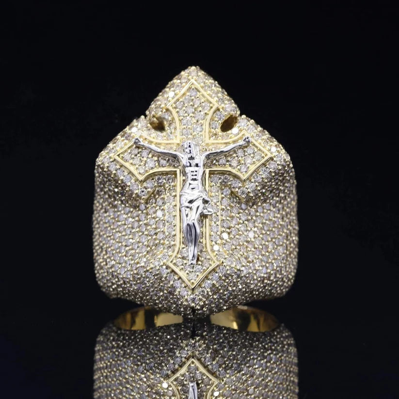 Men's iced-out sterling silver Jesus piece ring with cross detail
