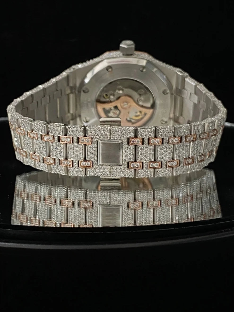 Two Tone Rose Gold Plated Skeleton Dial Moissanite Watch