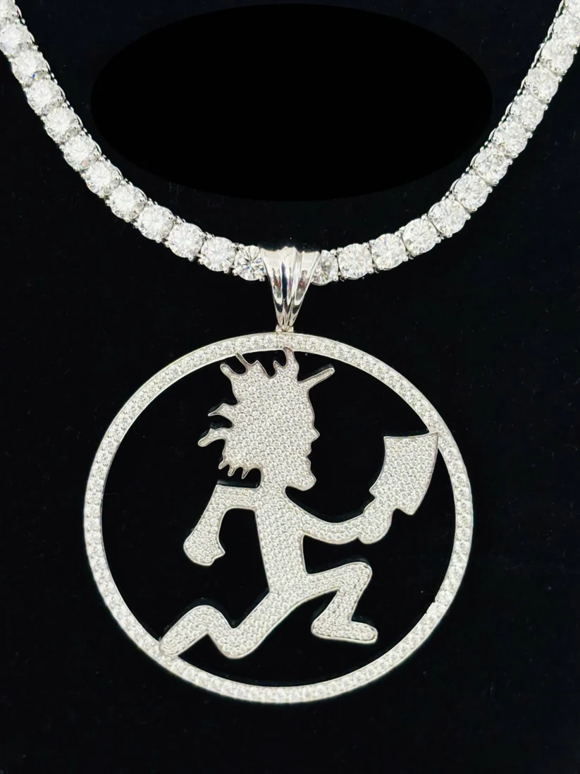 Diamond encrusted Insane Clown Posse Hatchetman charm pendant on a tennis chain necklace