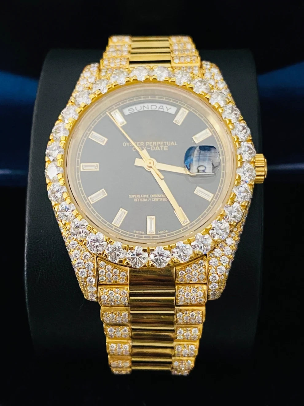 Stunning Black Dial Baguette Bar Iced Out Moissanite Watch