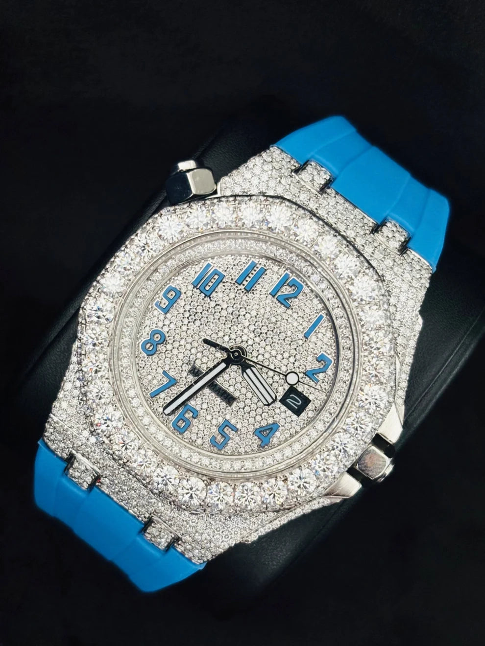 Sky Blue Silicon Straps Moissanite Bust Down Diamond Watch