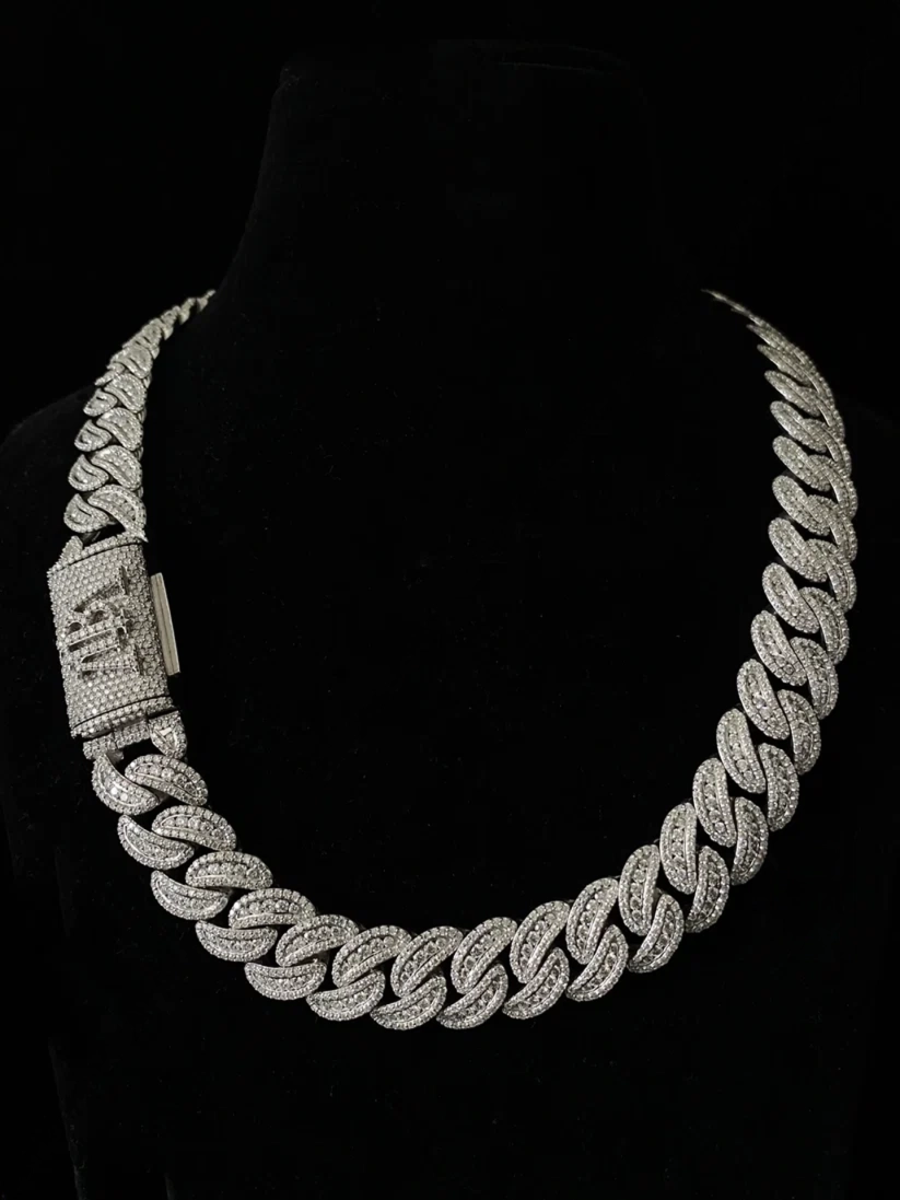 front view of the Silver iced-out Cuban link chain necklace with a diamond-encrusted box clasp