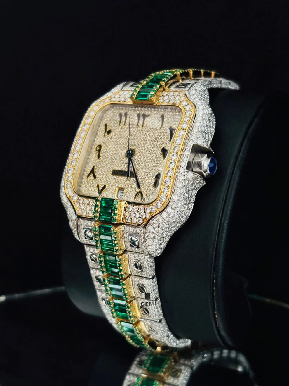 Mens Two Tone Arabic Number Green & White Moissanite Watch