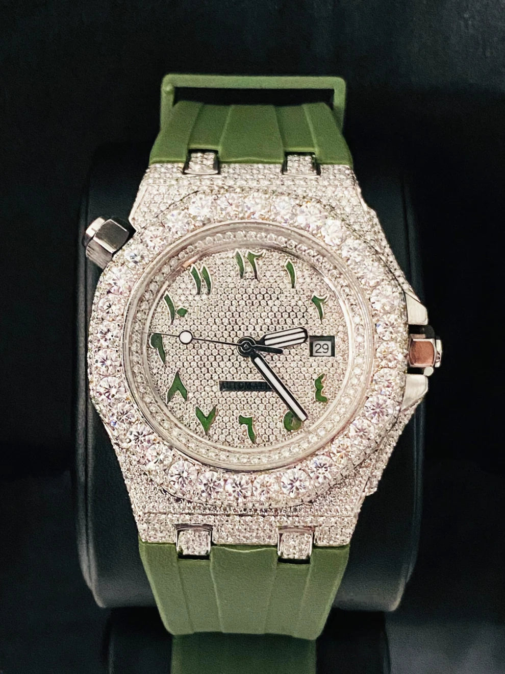 Iced Out VVS Moissanite Watch With Green Silicon Straps
