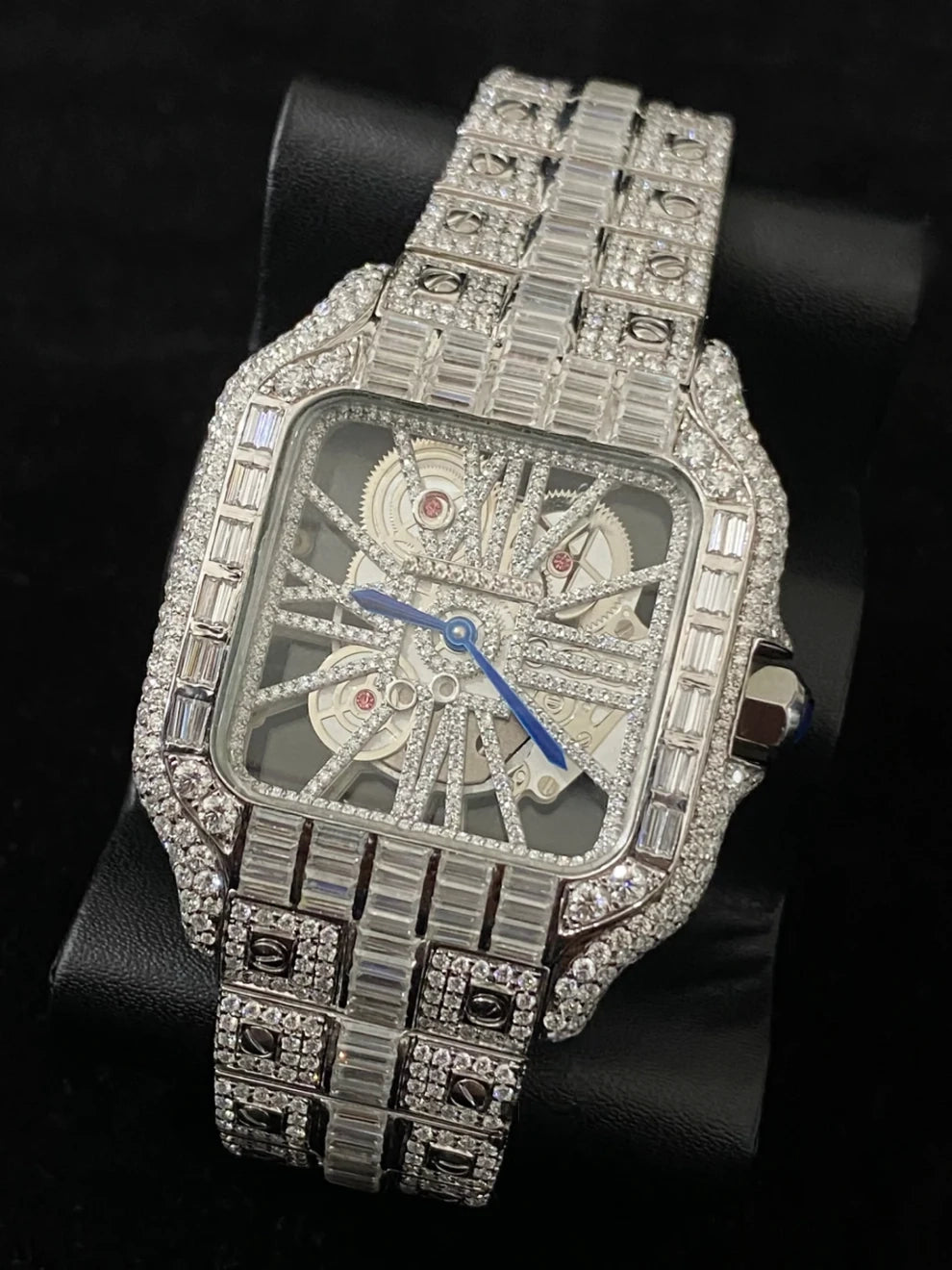 Fully Iced Out Skeleton Dial Baguette Diamond Moissanite Watch