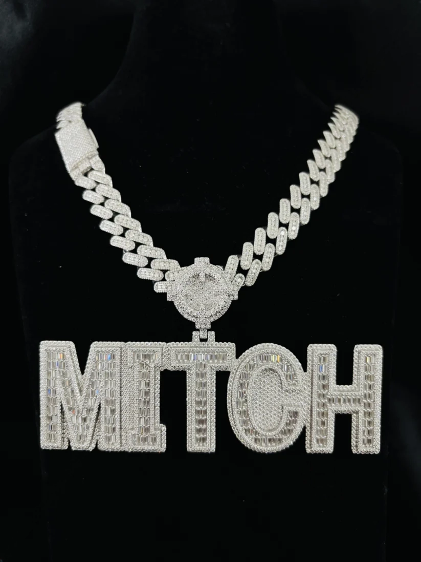 Men's custom diamond name necklace featuring a pave MITCH letter pendant and iced Cuban chain.