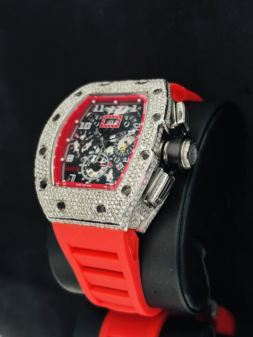 Red Rubber Strap Skeleton Dial Moissanite Automatic Watch