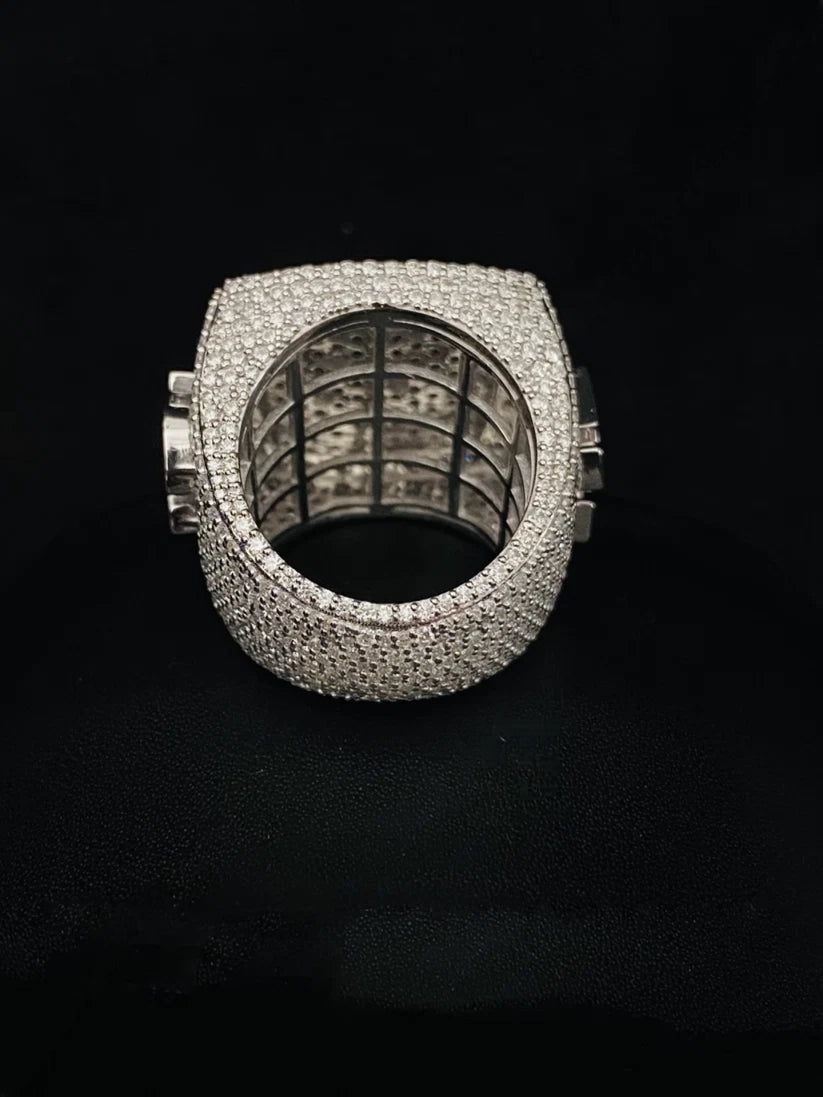 Custom silver championship trophy ring back view with pave stones