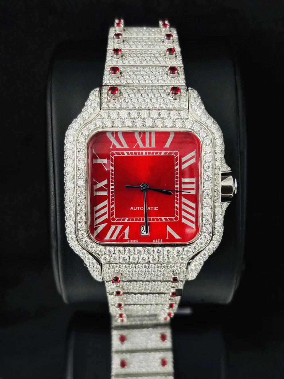 Men's VVS Red Dial Stainless Steel Moissanite Watch