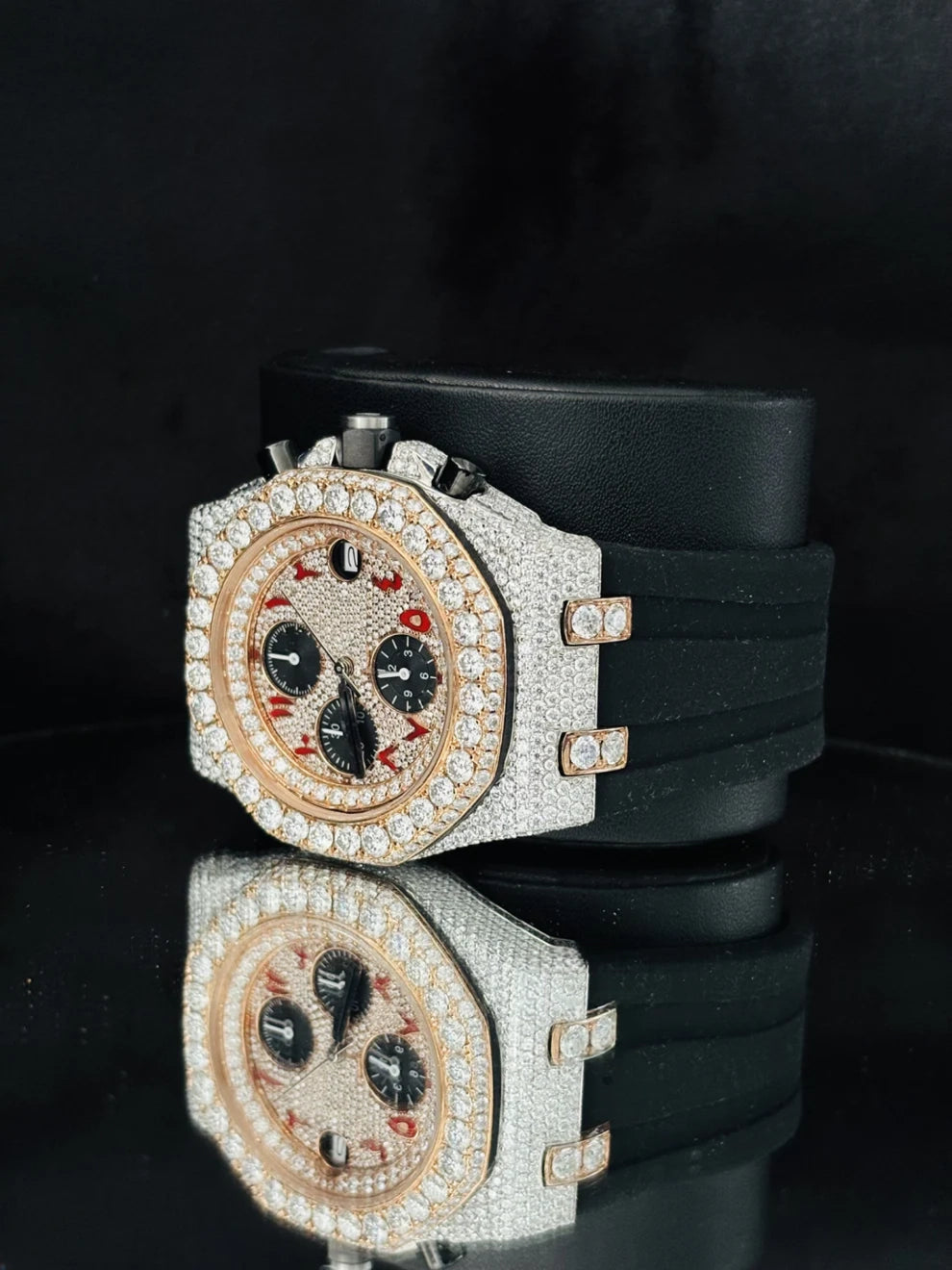 Red Arabic Number Moissanite Watch With Black Silicon Straps