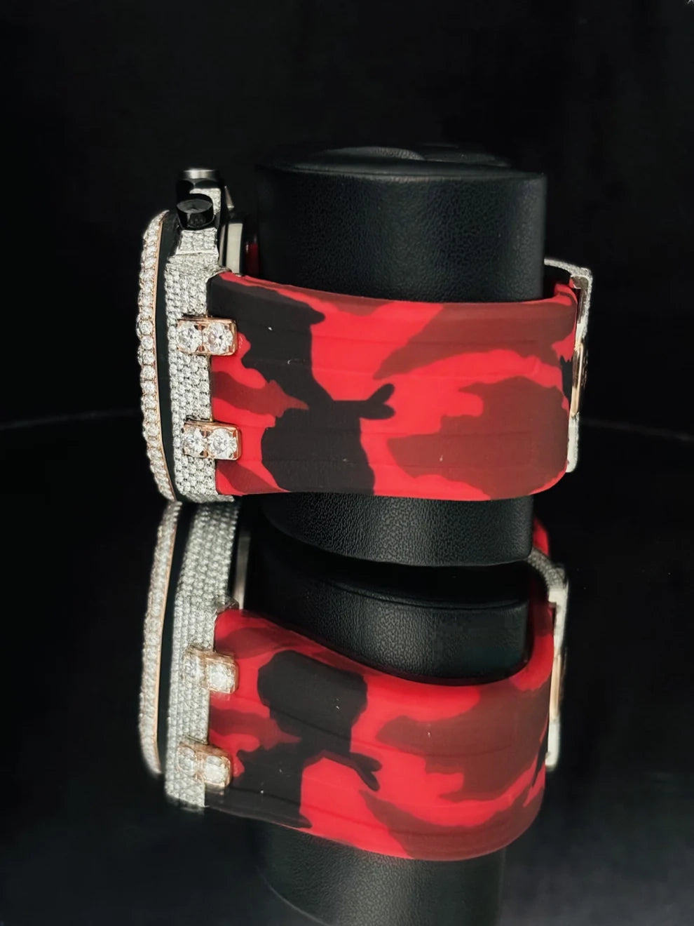 Red Army Silicon Band Multi Chronograph Moissanite Stone Watch