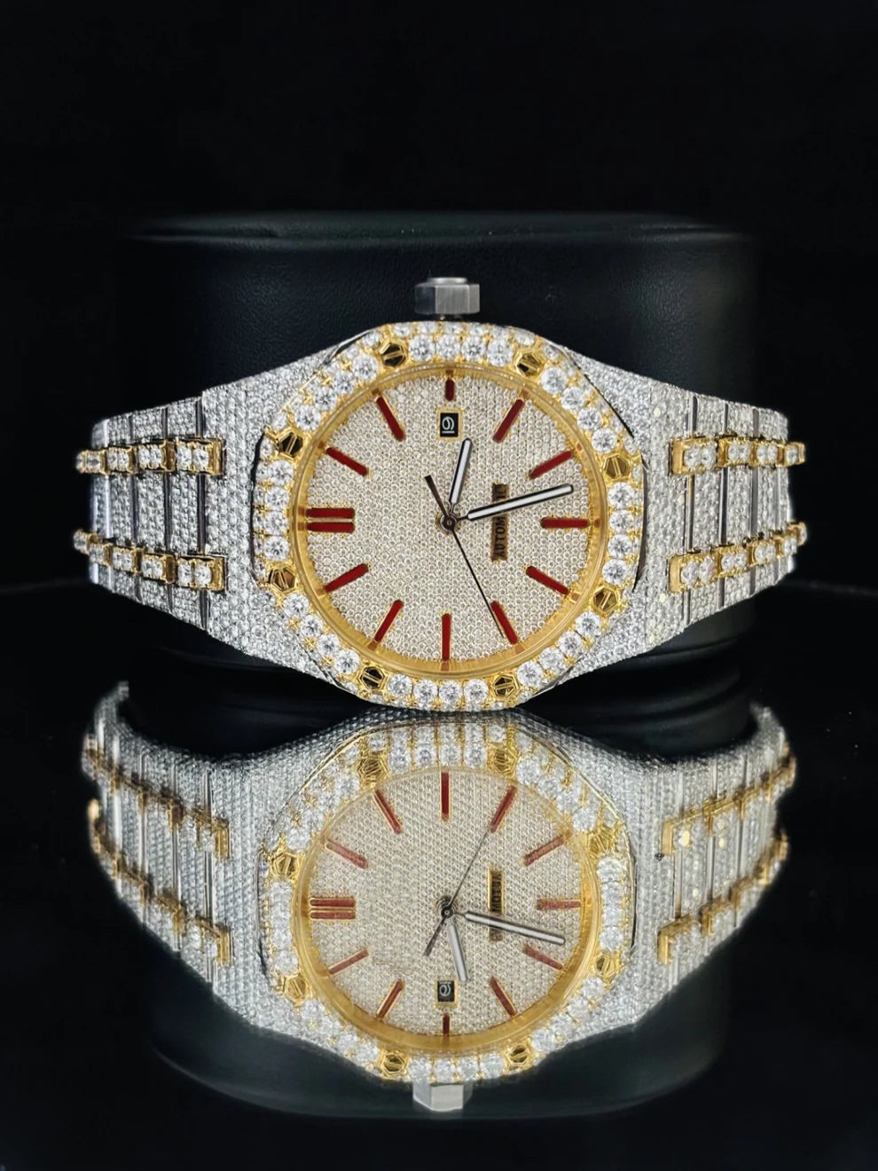 Yellow Gold Plated Red Bar Hip Hop Moissanite Watch