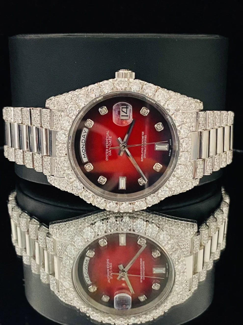Elegant Red Black Dial Iced Out Moissanite Watch For Men