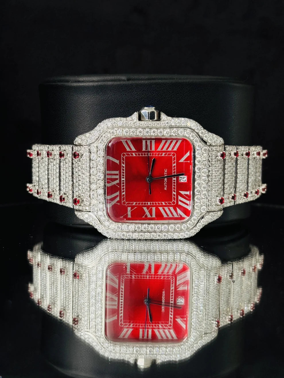 Men's VVS Red Dial Stainless Steel Moissanite Watch