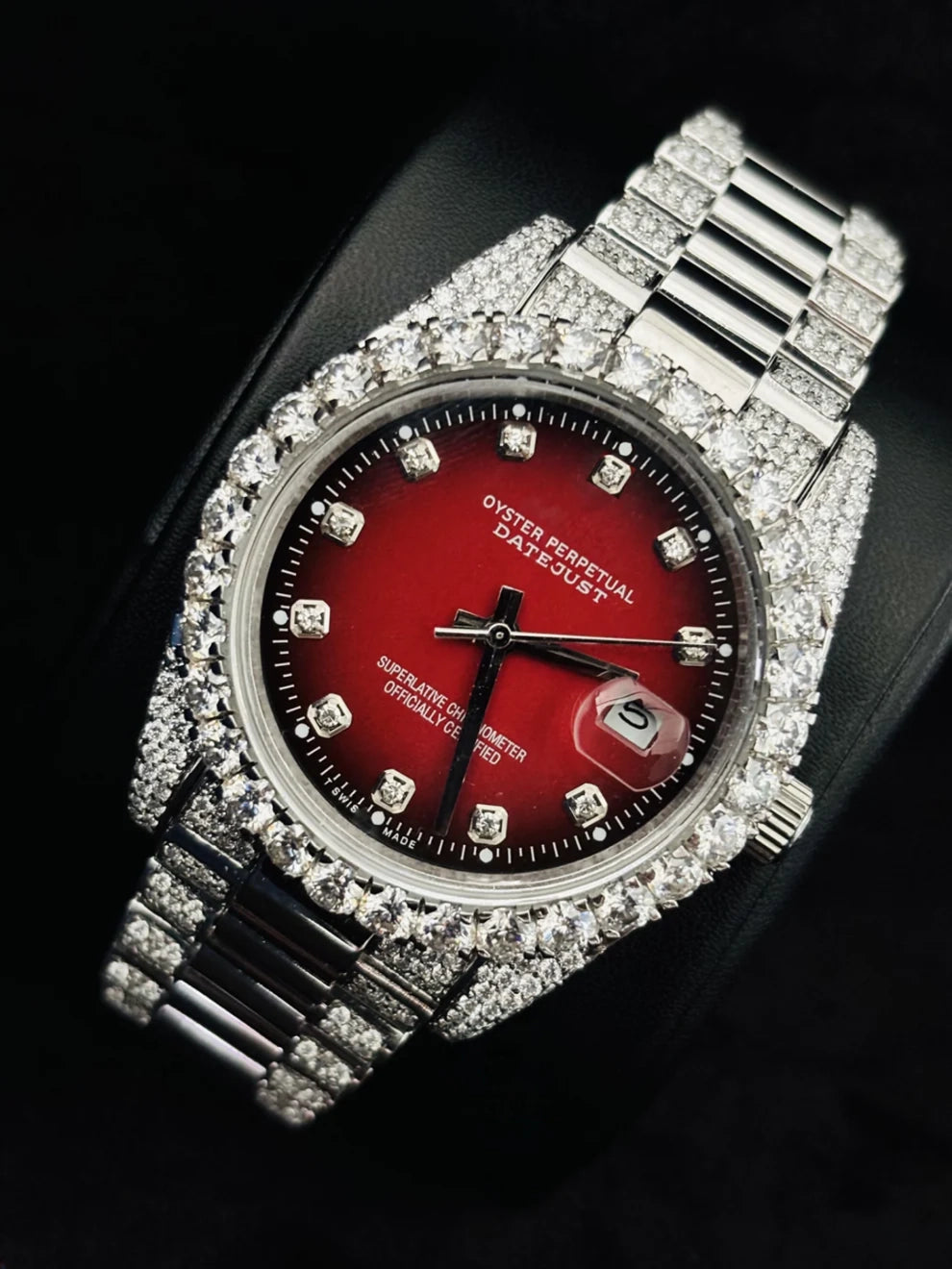 Red Black Dial Moissanite Watch For Men Presidential Strap