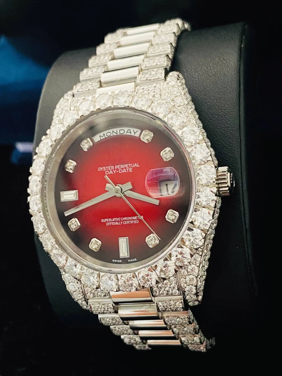 Elegant Red Black Dial Iced Out Moissanite Watch For Men