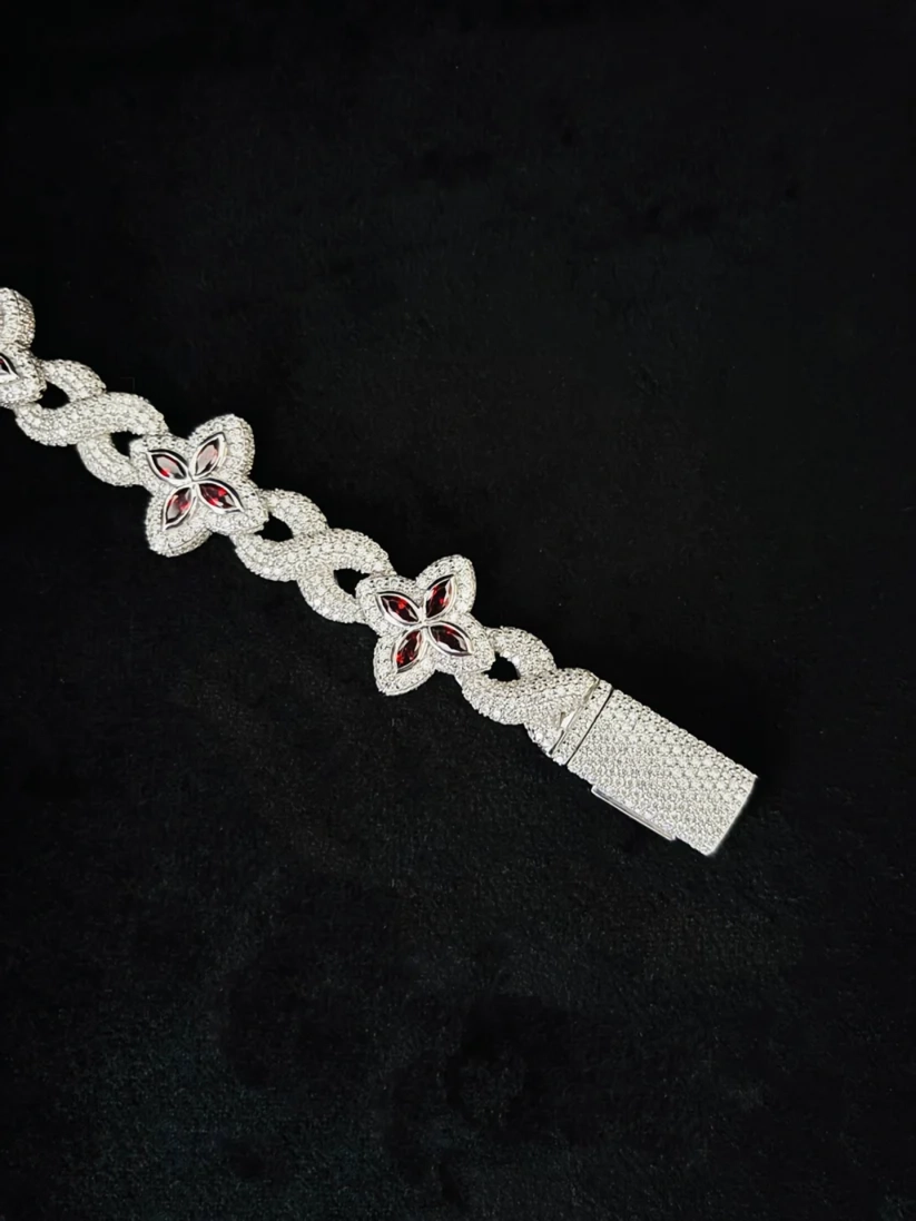 Women's luxury iced out clover bracelet in silver and ruby red