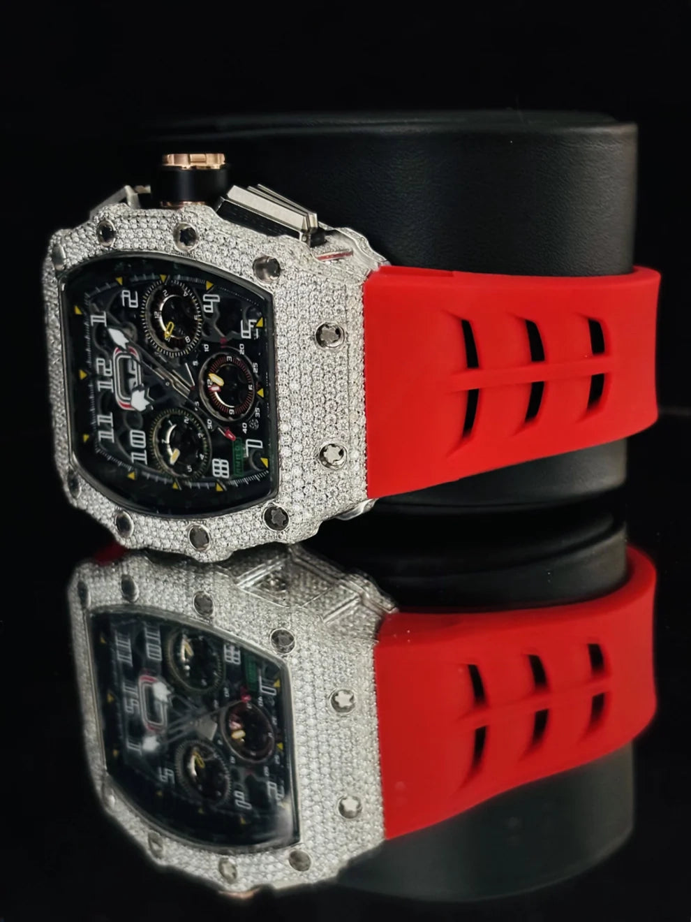 Red Silicon Ice Out Skeleton Dial Moissanite Rappers Watch