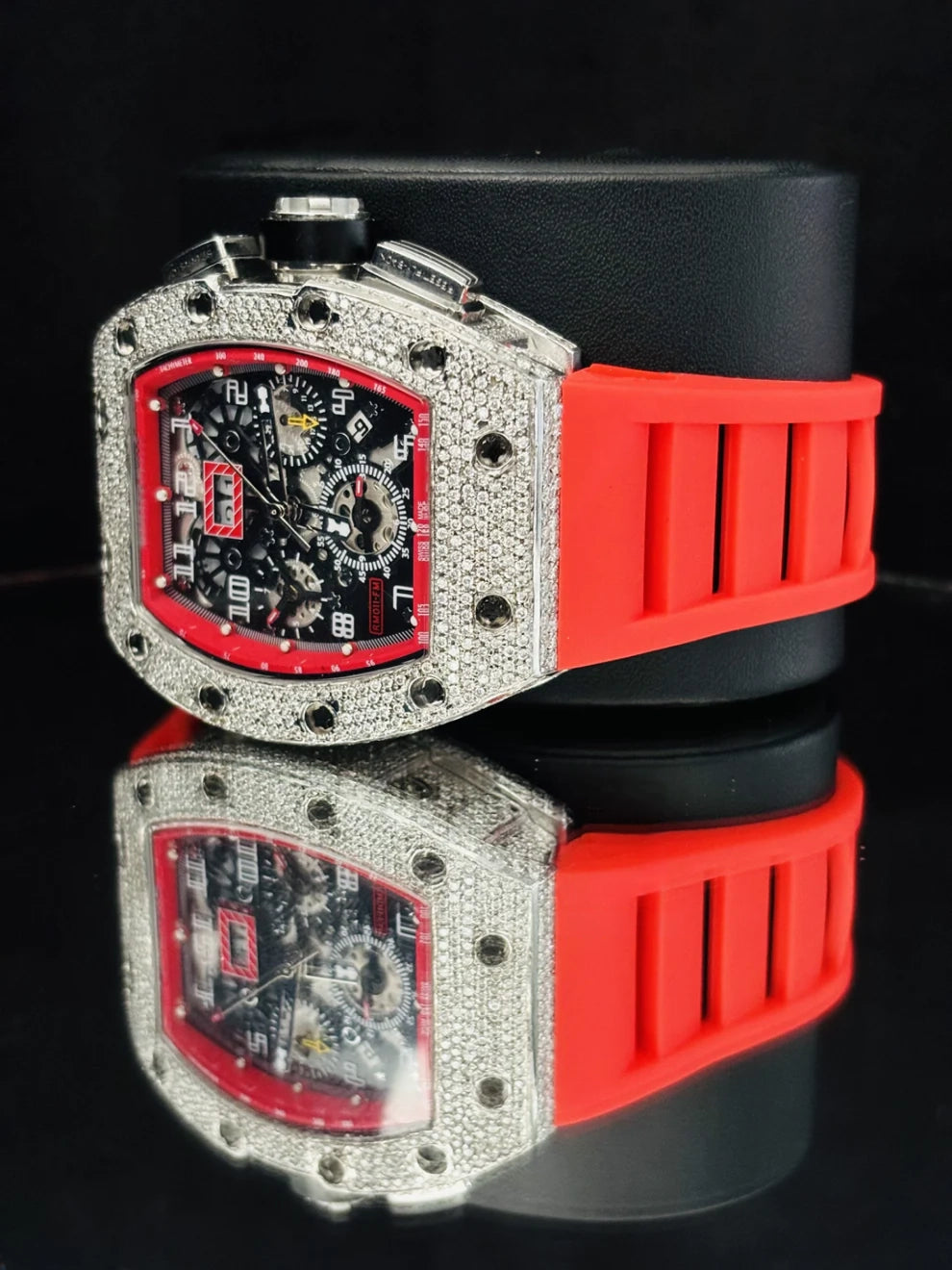 Red Rubber Strap Skeleton Dial Moissanite Automatic Watch