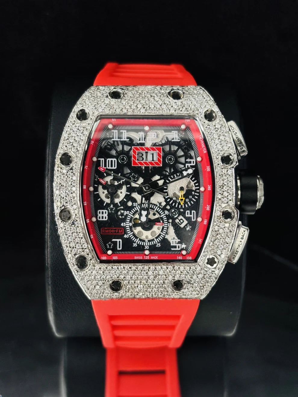 Red Rubber Strap Skeleton Dial Moissanite Automatic Watch