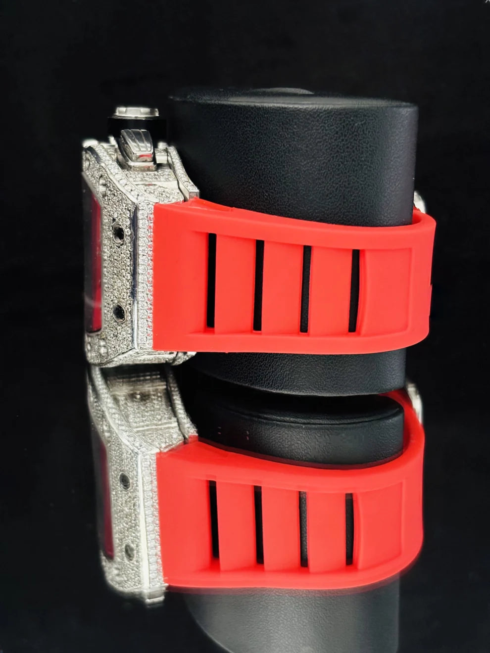 Red Rubber Strap Skeleton Dial Moissanite Automatic Watch