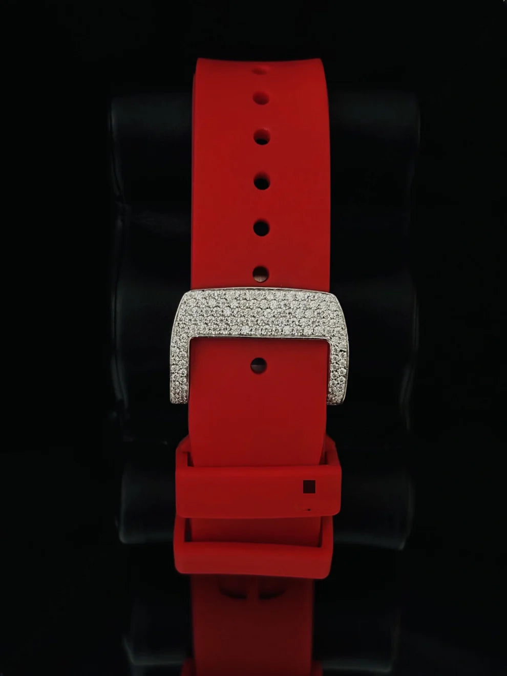Red Silicon Ice Out Skeleton Dial Moissanite Rappers Watch