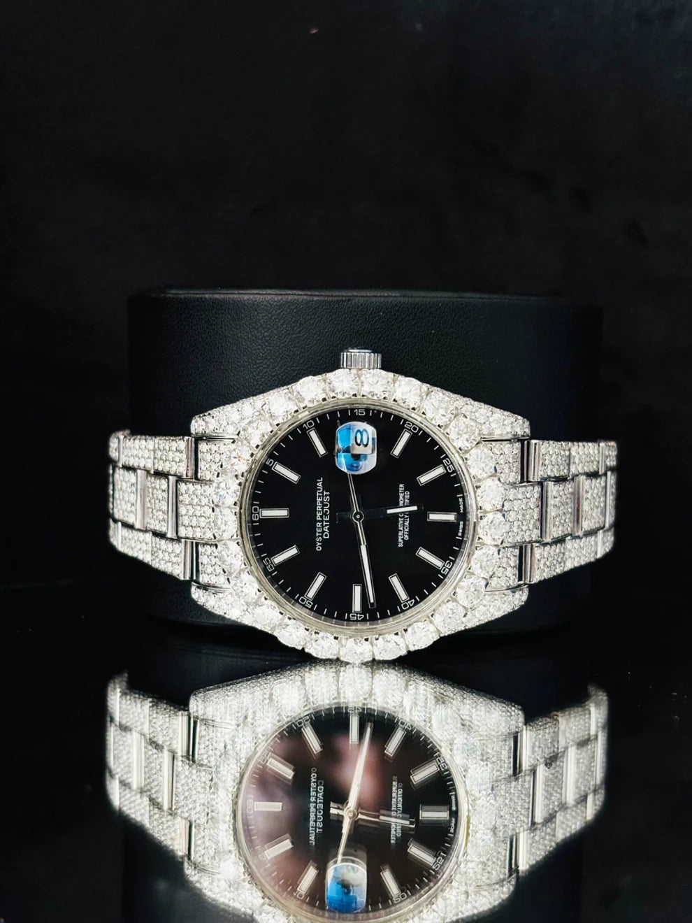 41MM Big Bezel White Bar Black Dial Moissanite Watch