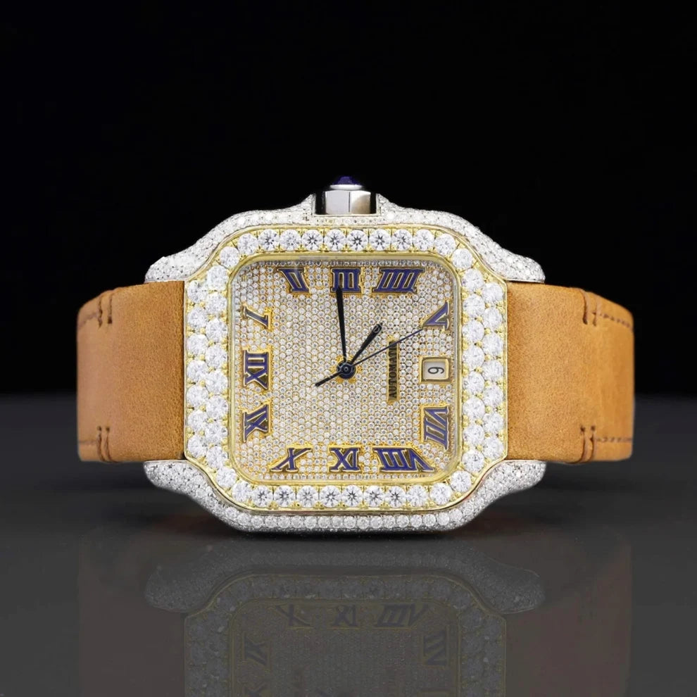 Mustard Yellow Leather Belt Round Moissanite VVS Iced Out Watch